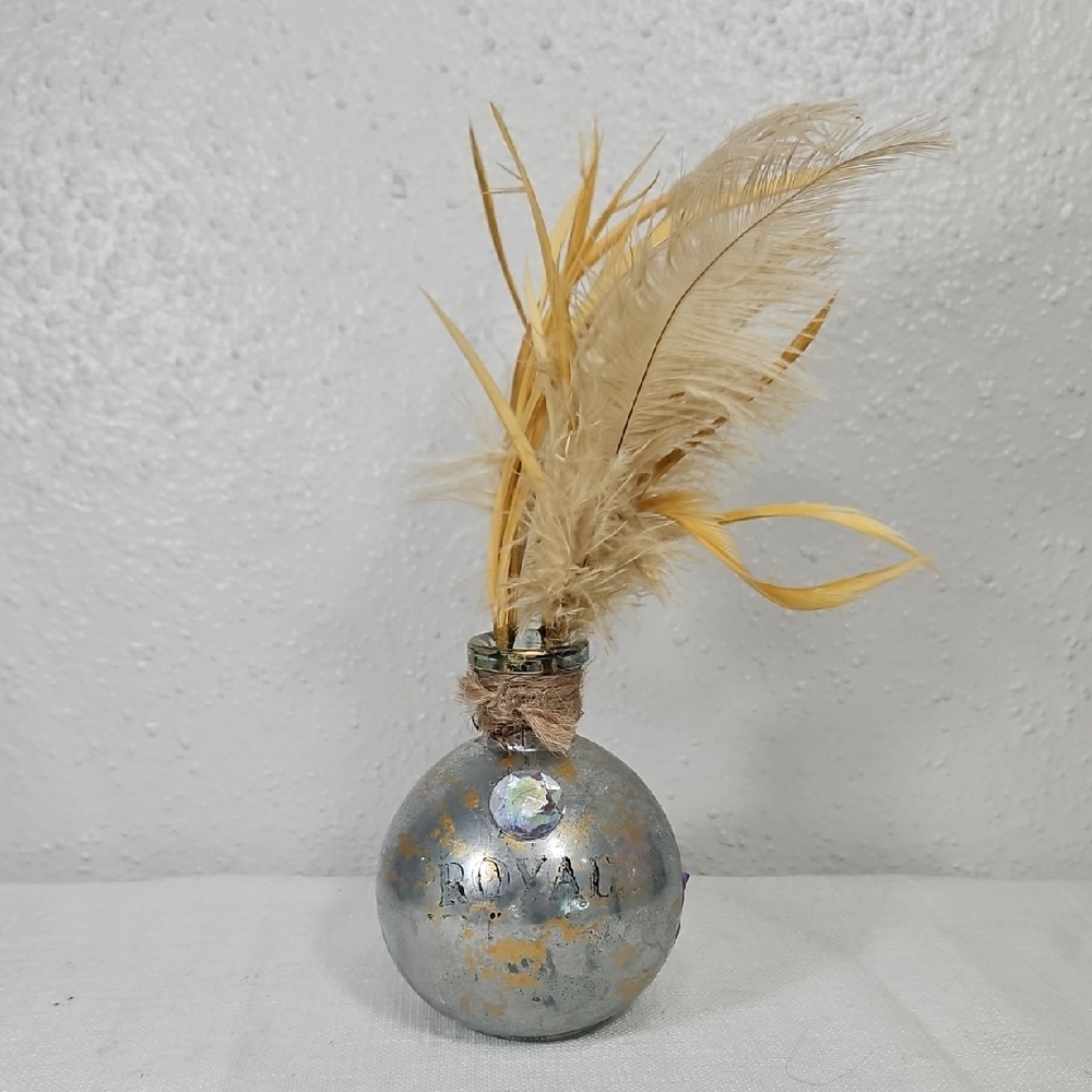 Decorative Boho Feathered Orb Vase - Silver with Gold Accents